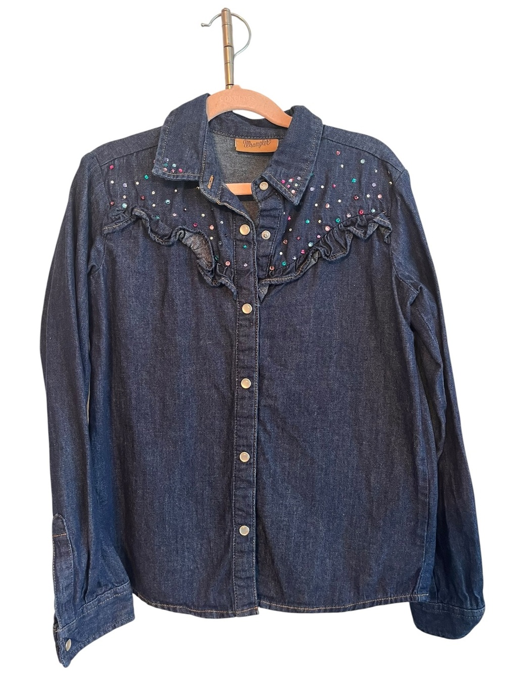 Wrangler Girls Denim Western Shirt Size Large 10 Rhinestone Ruffle Snap Front